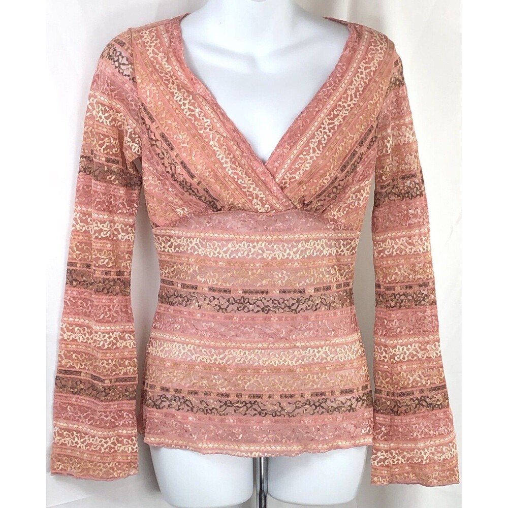 Vintage Paper Doll Lace Crochet Top S Pink Mock Wrap Empire Fairy Romantic